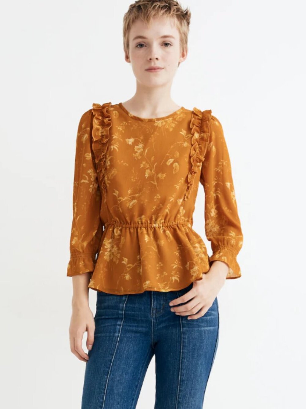 Madewell Mustard Ruffle-Shoulder Peplum Top in Tonal Botanical Fall Transition L